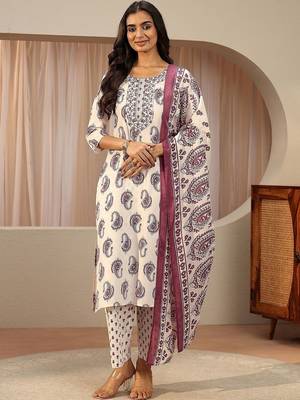 off white paisley printed cotton blend straight suit set 1