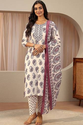 off white paisley printed cotton blend straight suit set