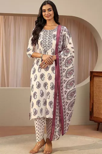 off white paisley printed cotton blend straight suit set