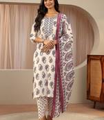 off white paisley printed cotton blend straight suit set