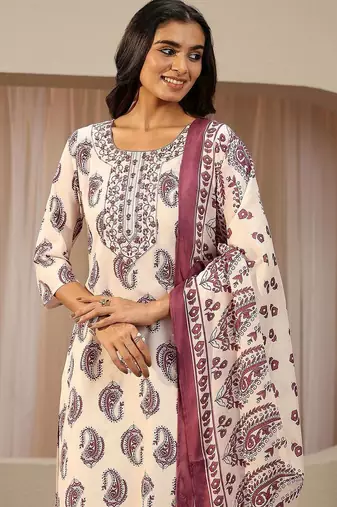 off white paisley printed cotton blend straight suit set