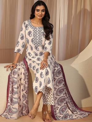 off white paisley printed cotton blend straight suit set 3