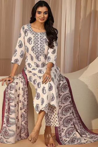 off white paisley printed cotton blend straight suit set