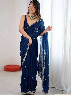 Navy blue teal blue satin ethnic embellished festive wear matching blouse sarees 1
