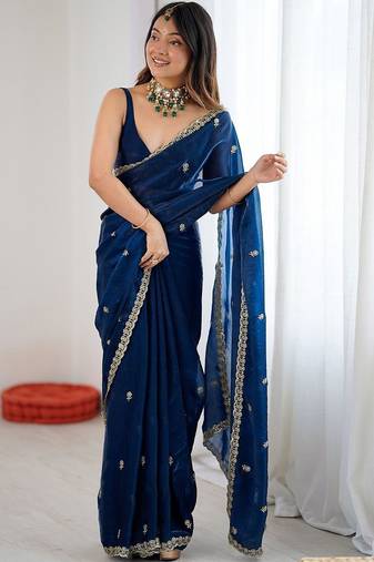 Navy blue teal blue satin ethnic embellished festive wear matching blouse sarees