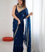 Navy blue teal blue satin ethnic embellished festive wear matching blouse sarees
