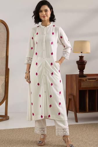 women ethnic motifs embroidered regular thread work kurta with trousers