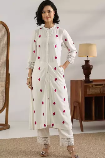 women ethnic motifs embroidered regular thread work kurta with trousers
