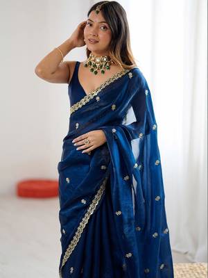 Navy blue teal blue satin ethnic embellished festive wear matching blouse sarees 2