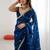 Navy blue teal blue satin ethnic embellished festive wear matching blouse sarees