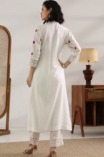 women ethnic motifs embroidered regular thread work kurta with trousers