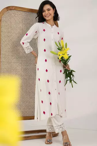 women ethnic motifs embroidered regular thread work kurta with trousers