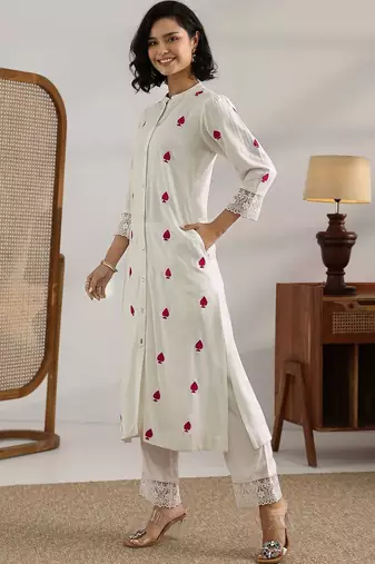 women ethnic motifs embroidered regular thread work kurta with trousers