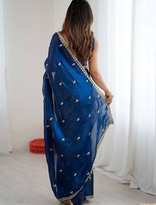 Navy blue teal blue satin ethnic embellished festive wear matching blouse sarees 3