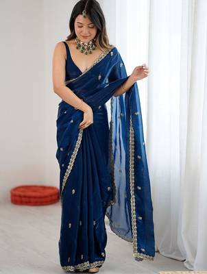 Navy blue teal blue satin ethnic embellished festive wear matching blouse sarees 4