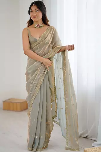 Beige gold satin ethnic embellished festive wear matching blouse sarees