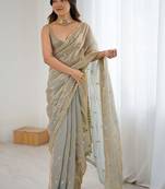 Beige gold satin ethnic embellished festive wear matching blouse sarees