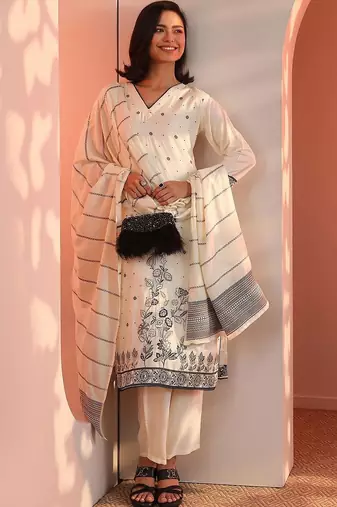 women ethnic motifs printed regular kurta with trousers & with dupatta