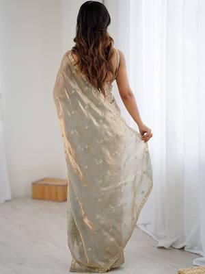Beige gold satin ethnic embellished festive wear matching blouse sarees 2