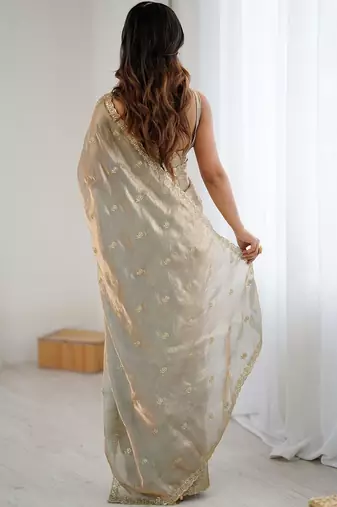 Beige gold satin ethnic embellished festive wear matching blouse sarees