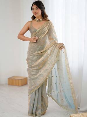 Beige gold satin ethnic embellished festive wear matching blouse sarees 3