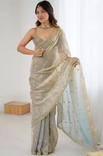 Beige gold satin ethnic embellished festive wear matching blouse sarees