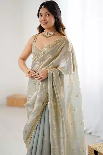 Beige gold satin ethnic embellished festive wear matching blouse sarees