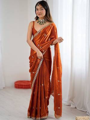 Orange orange satin ethnic embellished festive wear matching blouse sarees 1
