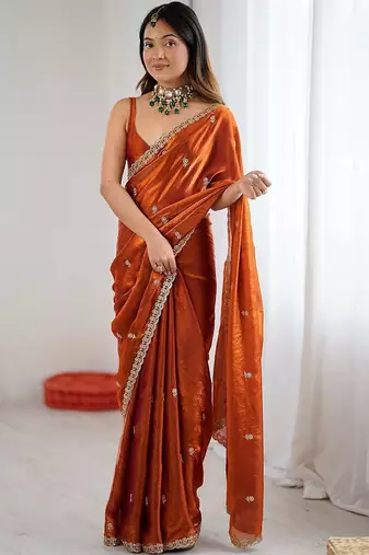 Orange orange satin ethnic embellished festive wear matching blouse sarees