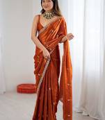 Orange orange satin ethnic embellished festive wear matching blouse sarees