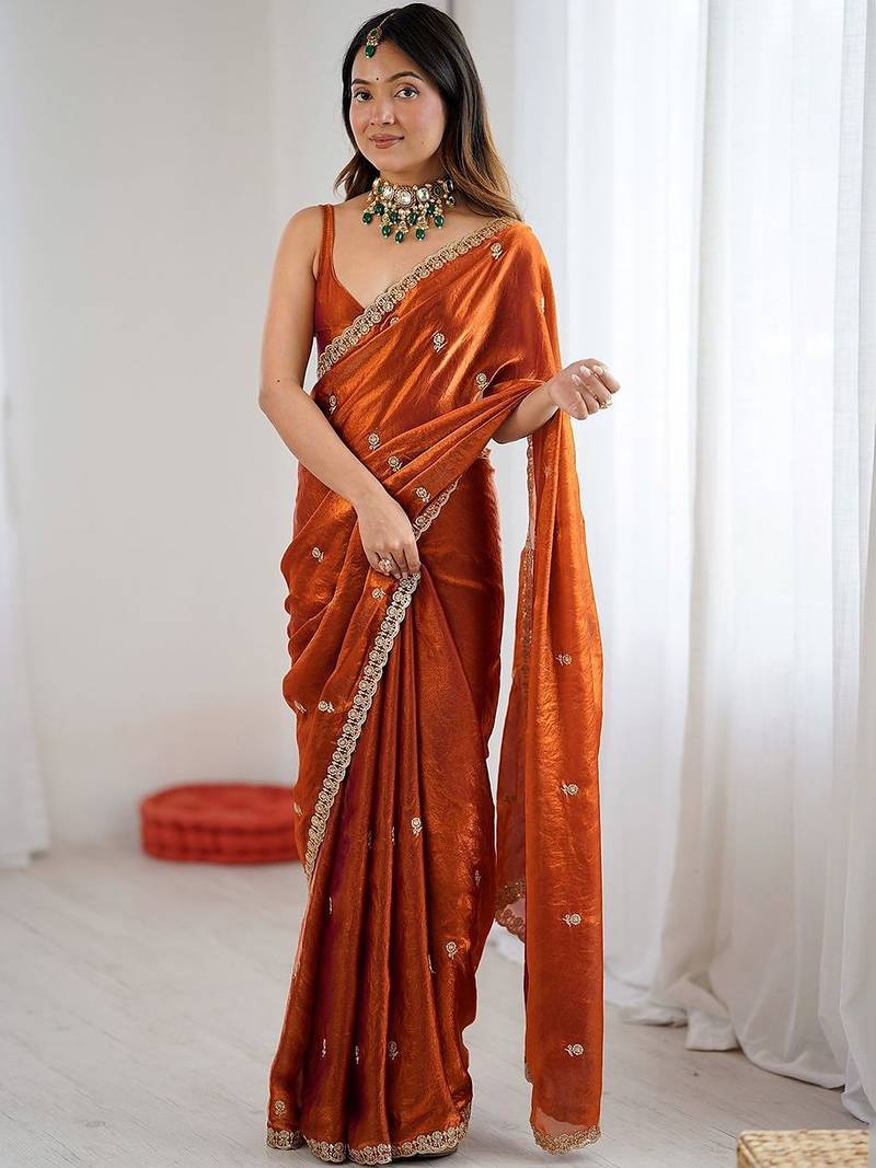 Orange orange satin ethnic embellished festive wear matching blouse sarees