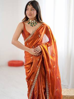 Orange orange satin ethnic embellished festive wear matching blouse sarees 2