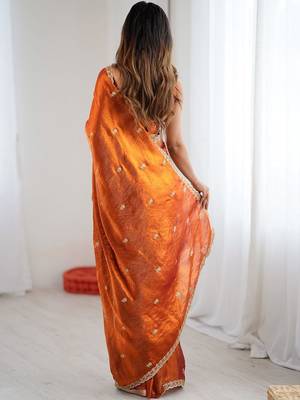 Orange orange satin ethnic embellished festive wear matching blouse sarees 3