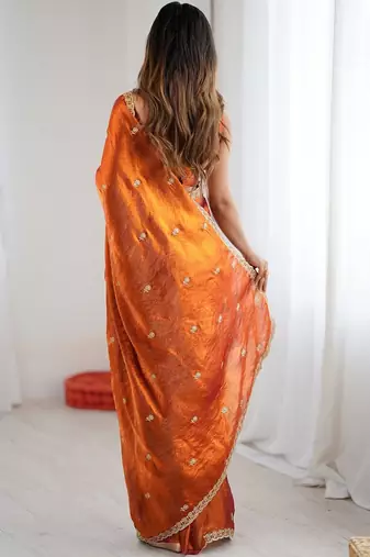 Orange orange satin ethnic embellished festive wear matching blouse sarees