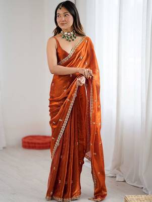 Orange orange satin ethnic embellished festive wear matching blouse sarees 4