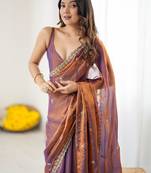 Purple rose gold satin ethnic embellished festive wear matching blouse sarees