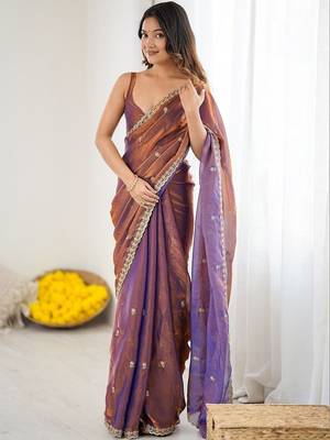 Purple rose gold satin ethnic embellished festive wear matching blouse sarees 2
