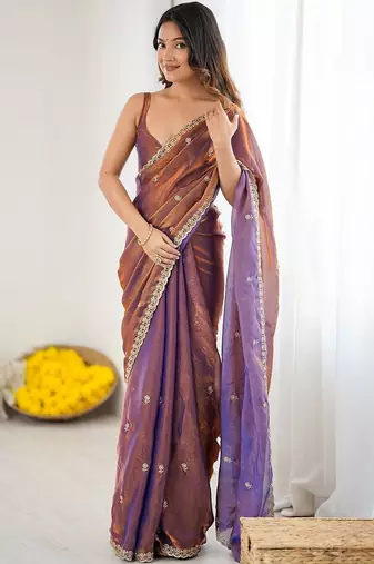 Purple rose gold satin ethnic embellished festive wear matching blouse sarees