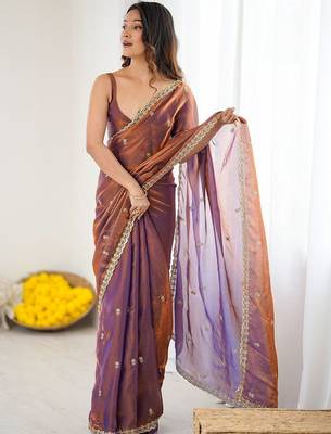 Purple rose gold satin ethnic embellished festive wear matching blouse sarees 4