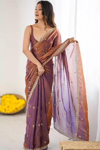 Purple rose gold satin ethnic embellished festive wear matching blouse sarees