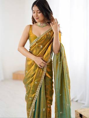 Multicolor olive satin ethnic embellished festive wear matching blouse sarees 1
