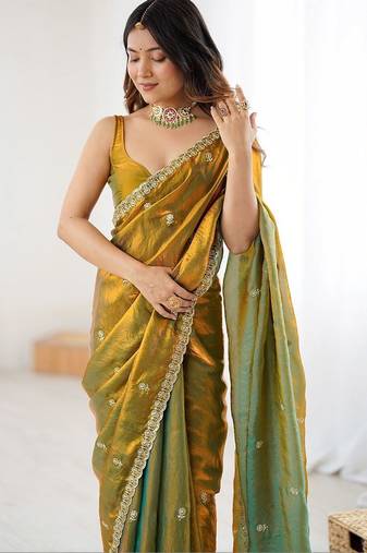 Multicolor olive satin ethnic embellished festive wear matching blouse sarees