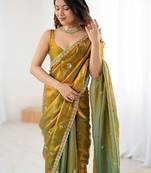 Multicolor olive satin ethnic embellished festive wear matching blouse sarees
