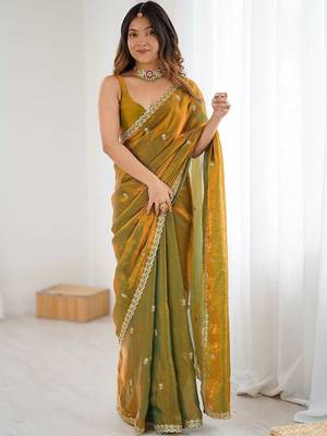 Multicolor olive satin ethnic embellished festive wear matching blouse sarees 2