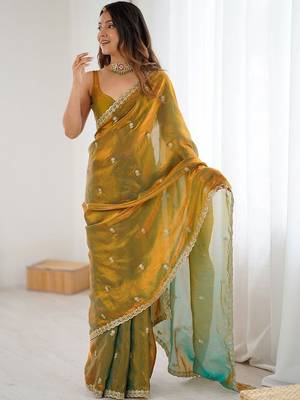 Multicolor olive satin ethnic embellished festive wear matching blouse sarees 4