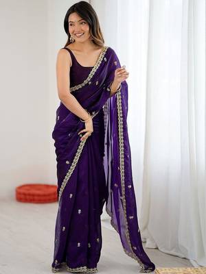 Purple purple satin ethnic embellished festive wear matching blouse sarees 1