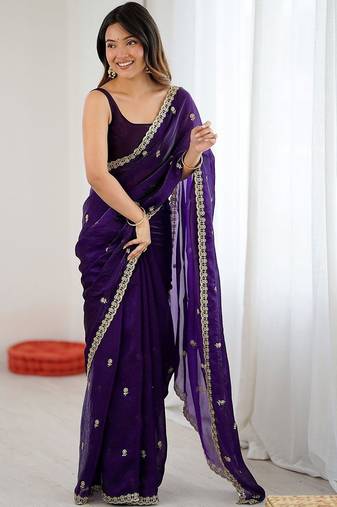 Purple purple satin ethnic embellished festive wear matching blouse sarees