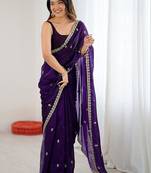 Purple purple satin ethnic embellished festive wear matching blouse sarees