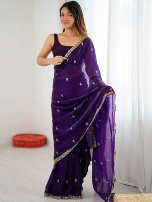 Purple purple satin ethnic embellished festive wear matching blouse sarees 2