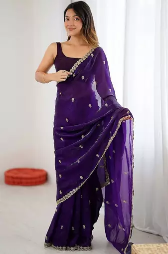 Purple purple satin ethnic embellished festive wear matching blouse sarees